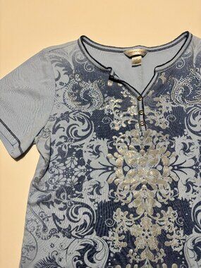 CHRISTOPHER & BANKS BLUE & SILVER WHIMSY Y2K COTTON HENLEY T-SHIRT